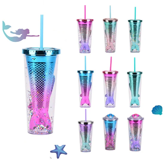 Double-Layer Plastic Straw Cup Gradient Mermaid Tail Electroplating Drink Cup Juice Fish Tail Sequined Water Cup