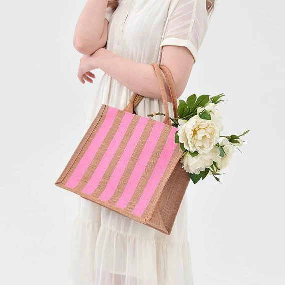 Stylish shopping bridesmaid Flower small tote High quality Custom printed logo Wholesale sales pink stripe print jute bags