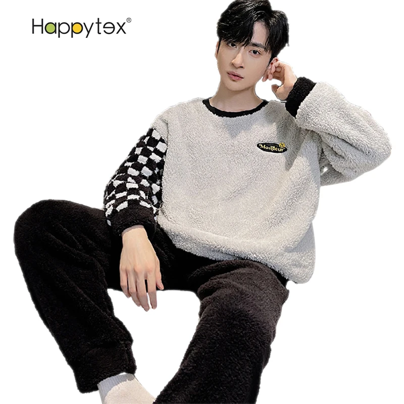 Indoor Home Winter Cute Cartoon Thick Warm Coral Fleece 2 PCS Pajama Set Long Sleeve  Sleepwear for Mens With Large Pockets