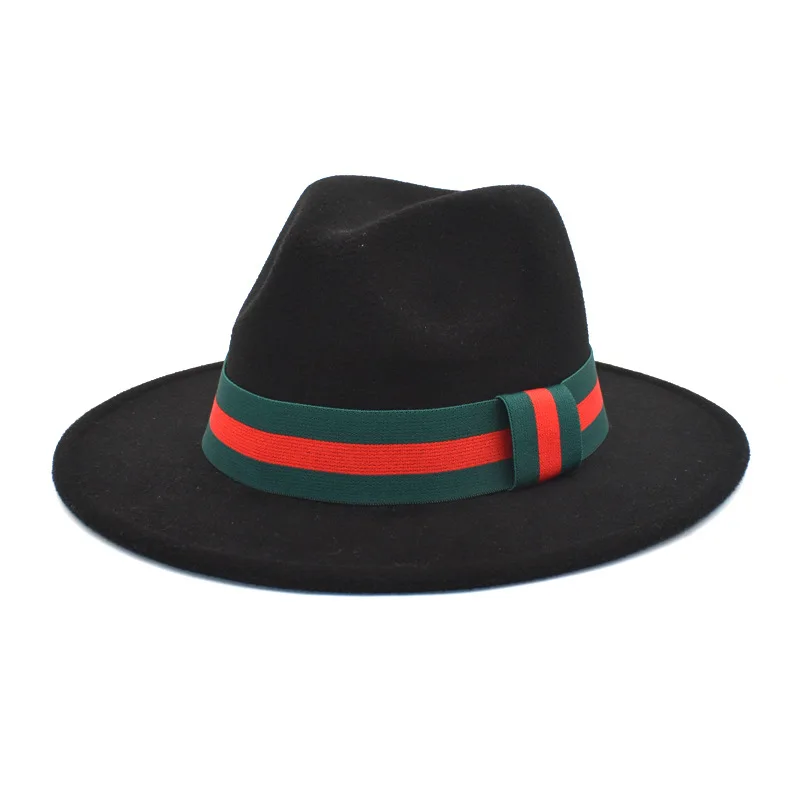 In Stock Wool Felt Jazz Fedora Hats With Color Stripe Unisex Wide Brim Fashion Style Trilby Formal Panama Cap Dress Hat