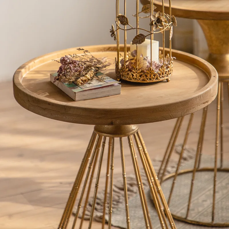 Nordic Iron Coffee Table Steel Side Round Sofa Table Canteen Wood Round Recycled Pine Dining Coffee Table