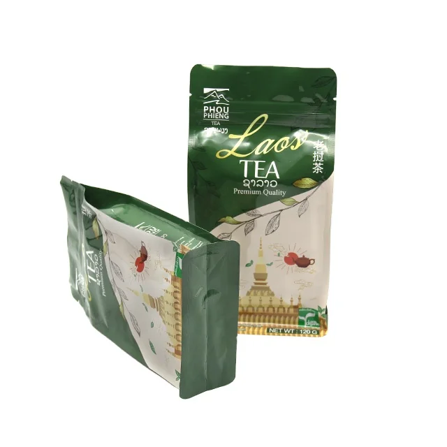 stand up flat bottom custom printed zipper tea bag foil packaging