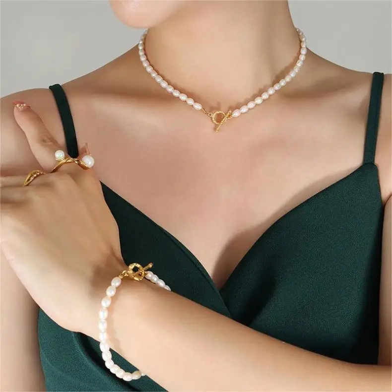 FANJIN 18K Gold Stainless Steel OT Buckle Fresh Water Jewelry Women Dainty Natural Freshwater Pearl Necklace for Women