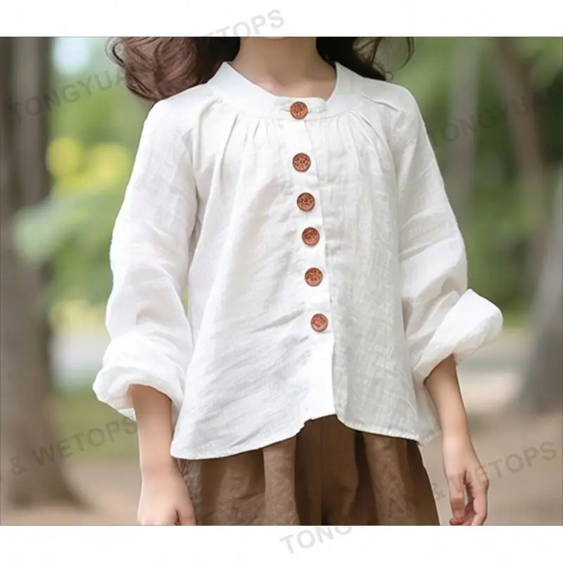 Korean Style Kids Girls White Blouse Beautiful Children Linen Cotton Shirts