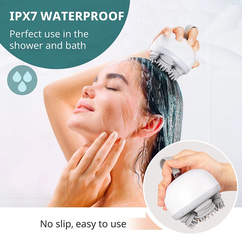 IPX7 Waterproof Rechargeable Electric Shower Hair Brush Mutlti-Modes Kneading Head and Scalp Massager with 4 Removable Heads