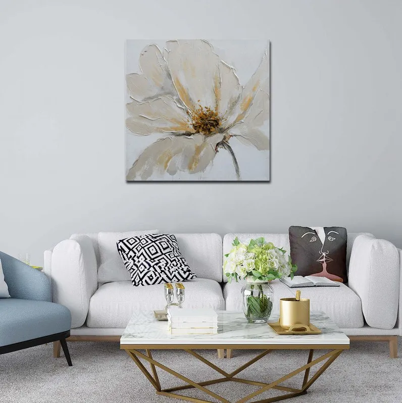 Best Selling Modern White Flower Canvas Art Oil Painting for Home Decor