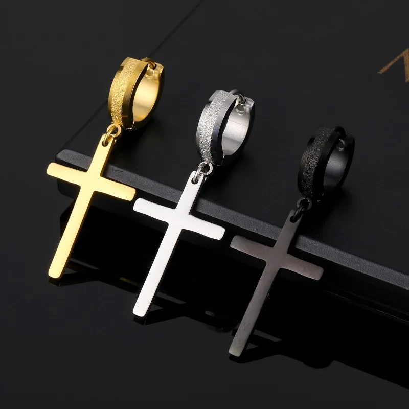 NUORO 1 Piece Punk Gothic Stainless Steel Circle Hoop Earring Male Personality Jewelry Frosting Cross Hoop Earrings