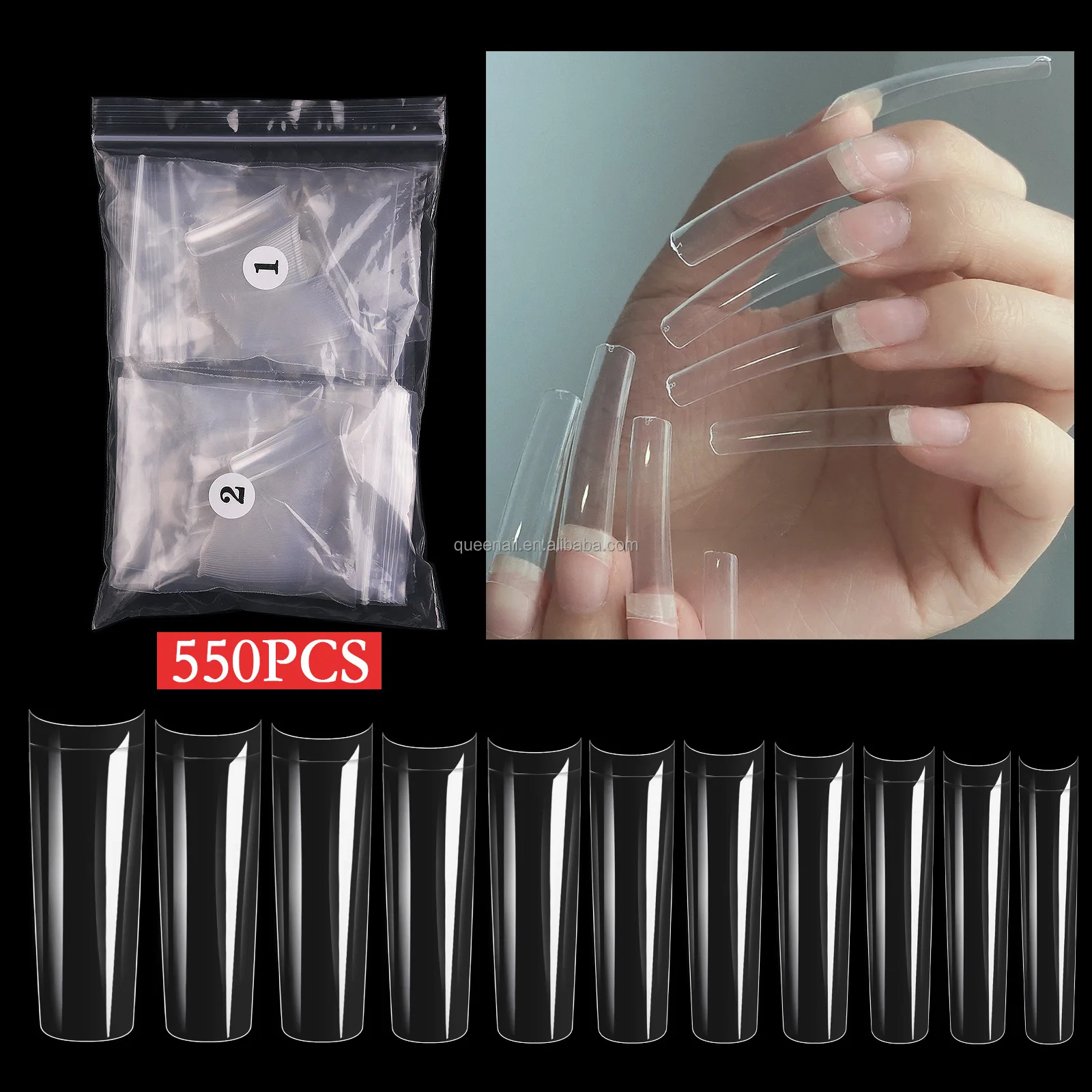550pcs Box Artificial False Nail Long Straight No C Curve Square Nail Tip Clear Natural XXXL ABS French Half Cover Nail Tips