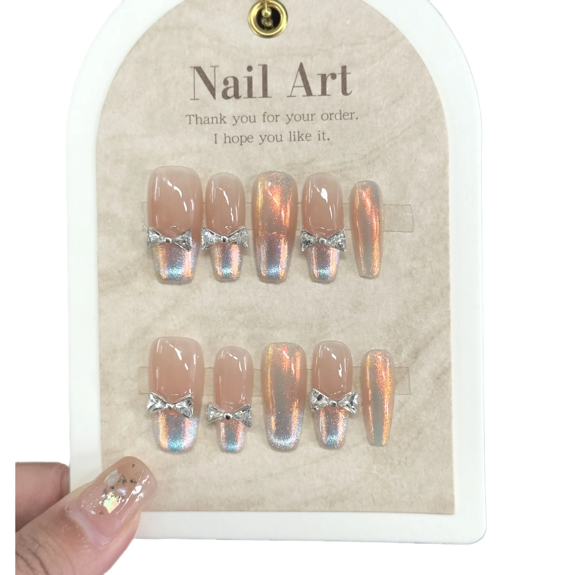 Handcrafted New Style Luxury Blush Cat Eye Pure Desire Style Butterfly Bow Press on Nails Custom Size Wholesale Art