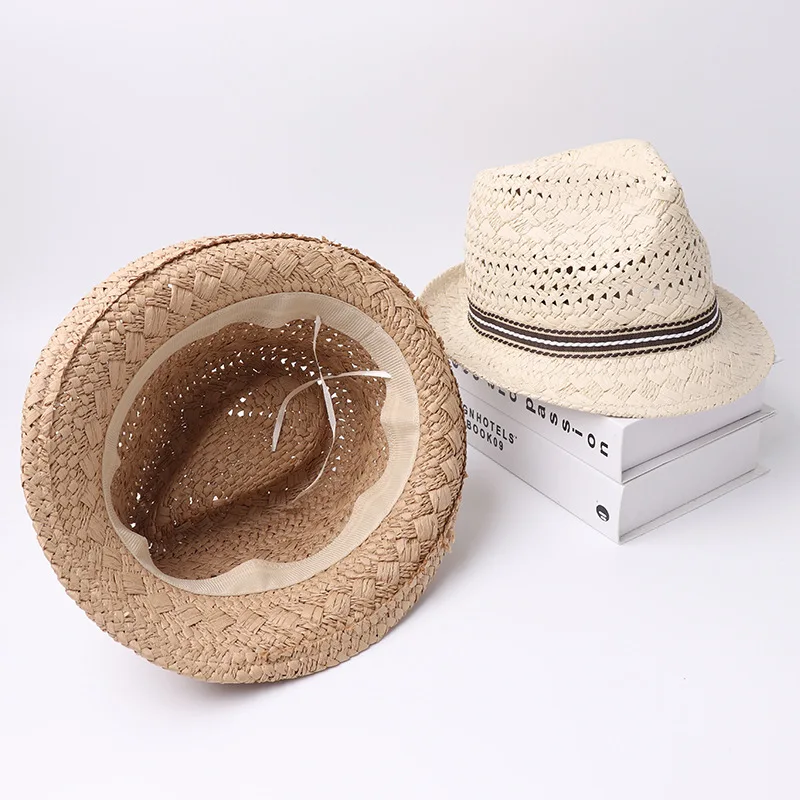Outdoor Men and Kids Spring Summer Breathable Hat Panama Cap Straw Hats Sun Straw Braid Floppy Fedora Beach