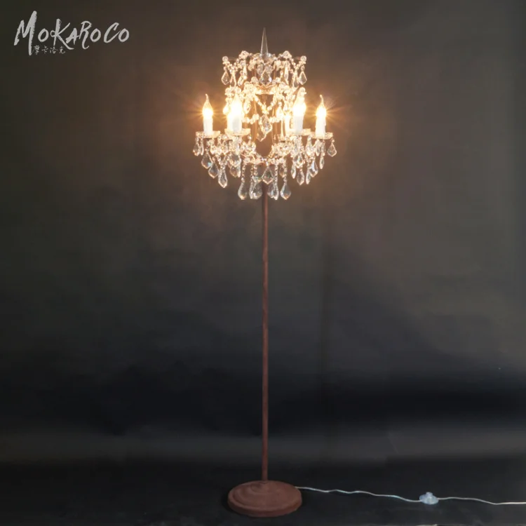 
19TH C. ROCOCO IRON CRYSTAL FLOOR LAMP rust color antique wrought iron floor standing crystal floor lamp 