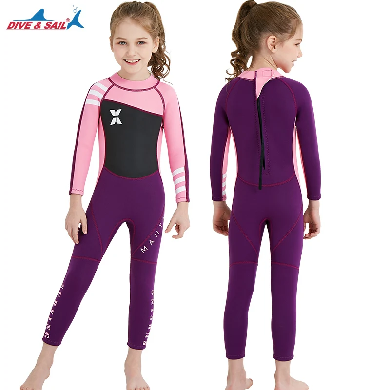 OEM Kids wet suit Girls  Full girls  Long Sleeve Child Scuba Surf One-Piece Sun Protection 2.5mm wetsuit for Water Sport
