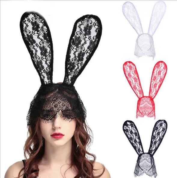 Black White Red mask with Lace Big bunny ears party Halloween Hair accessory