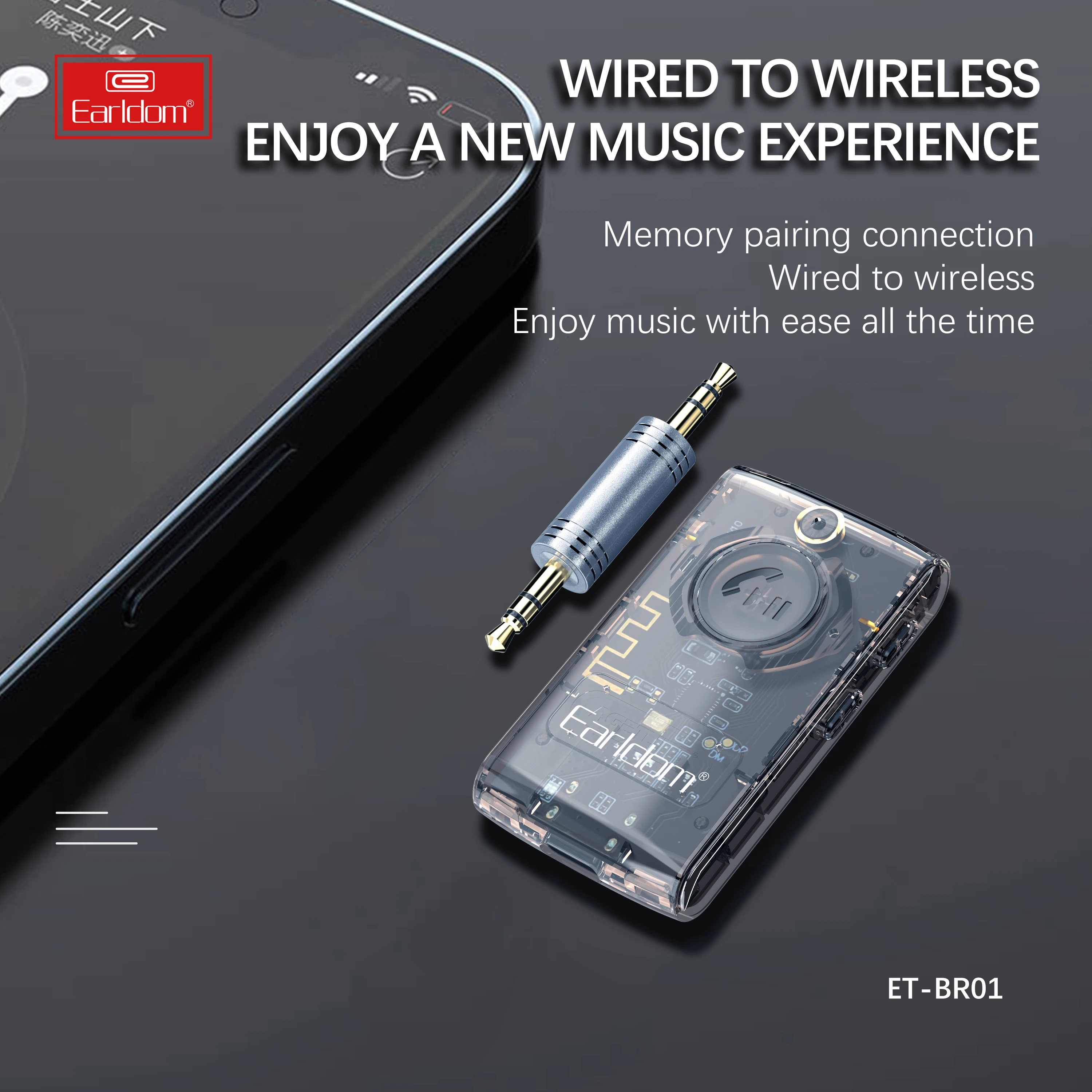 EARLDOM 3.5mm bluetooth car kit wireless handsfree car kit V5.3 music adapter for car/earphone/speaker Transparent