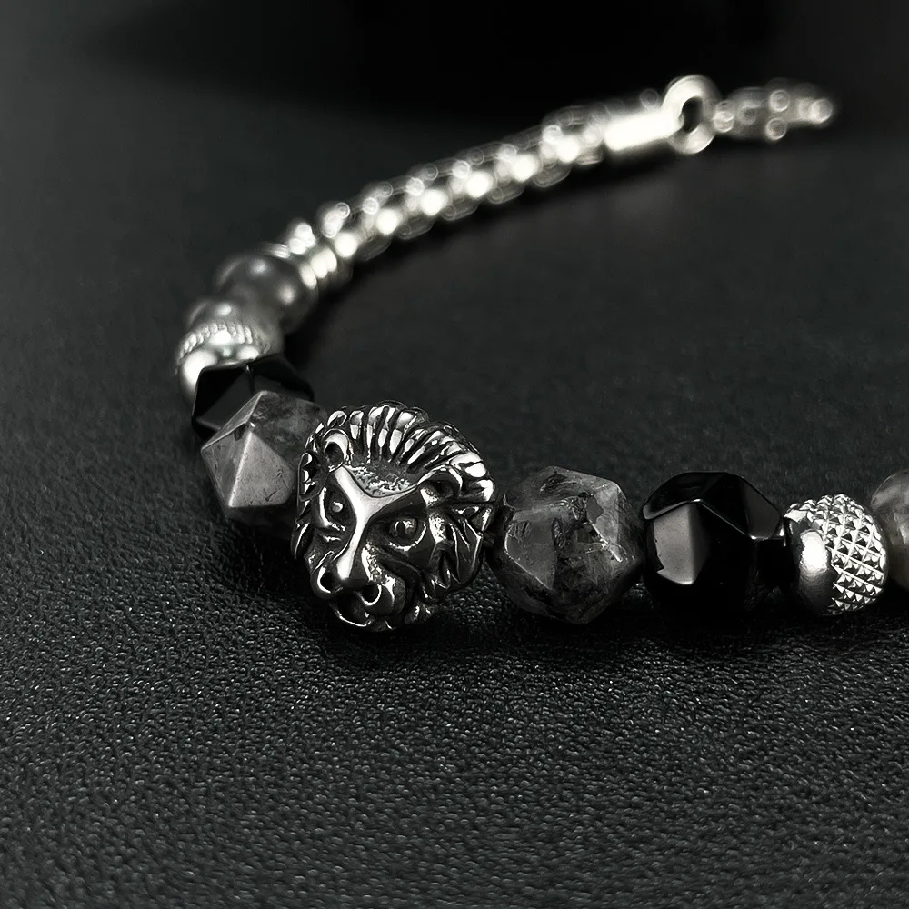 factory stainless steel vintage lion head beads bracelet fashion natural stone beads bracelet hip-hop design for men and women