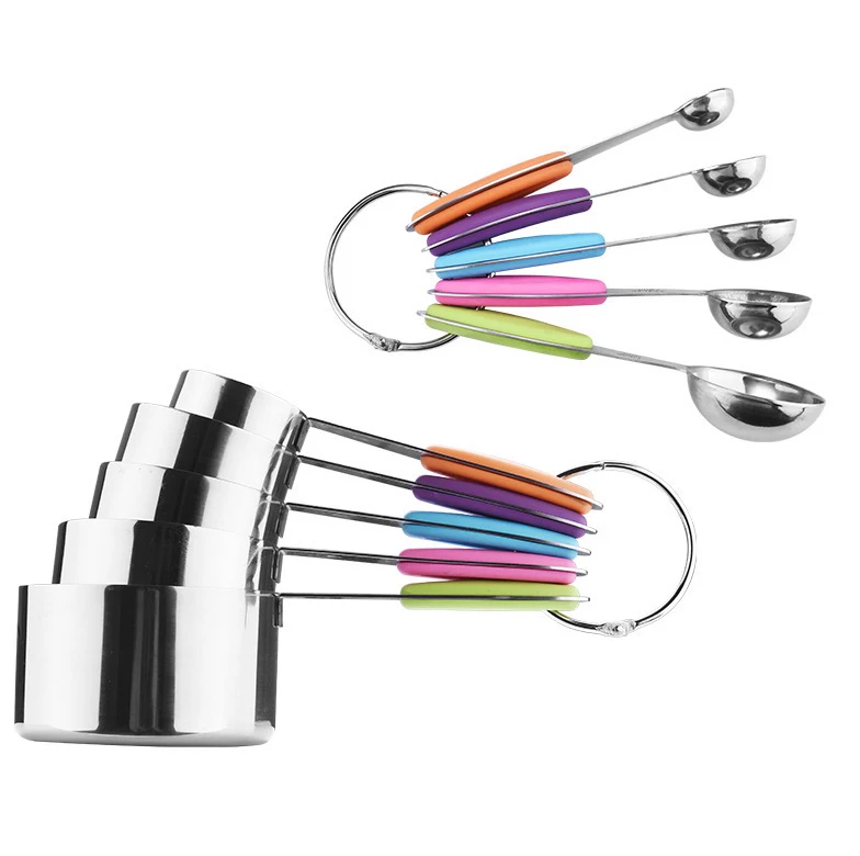 Hot sale cheap promotional 10pcs stainless steel spoons and measuring cup with silicone handle