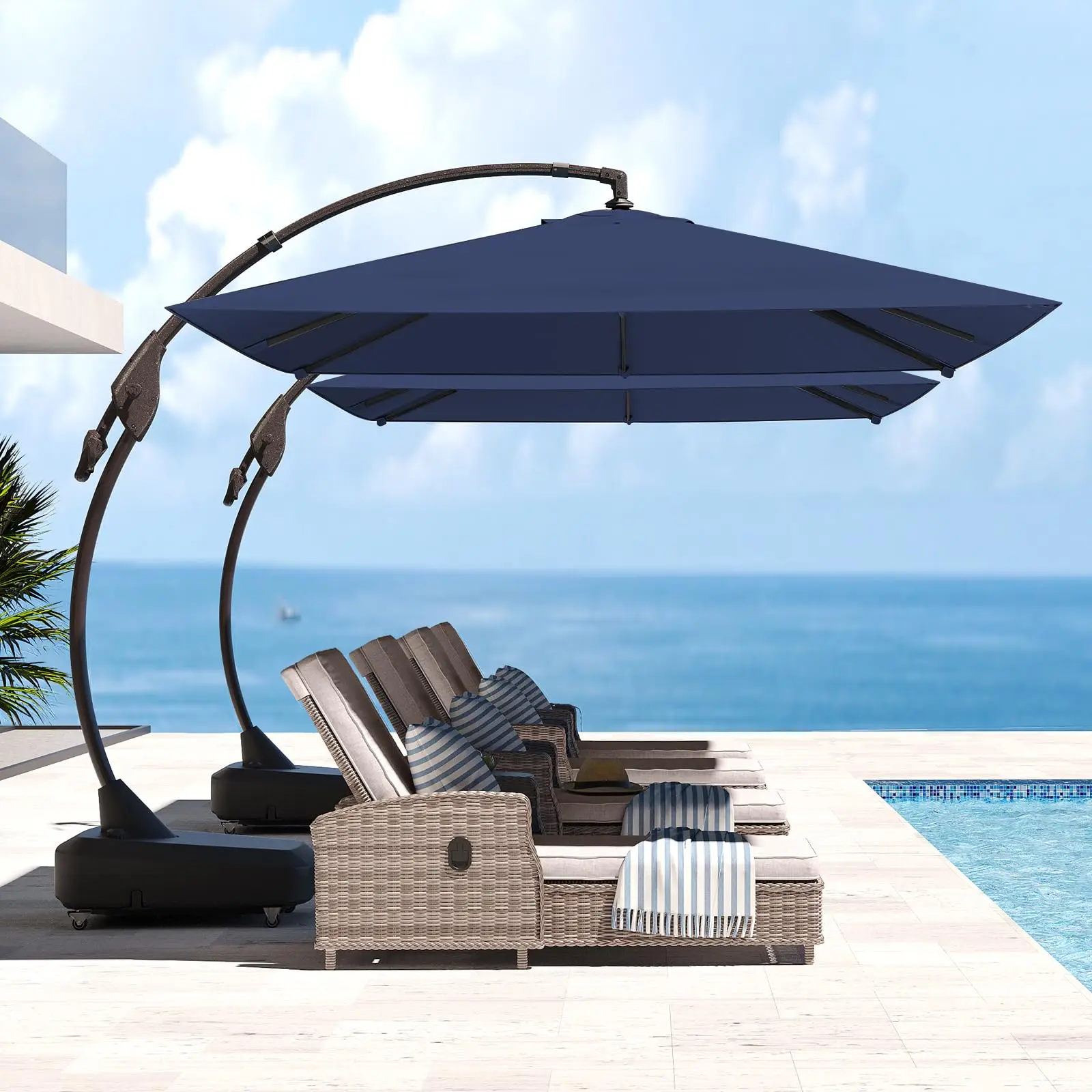 Grand patio Deluxe Patio Umbrella Curvy Aluminum Cantilever Umbrella with Base Round Large Offset Umbrellas for Garden Deck Pool