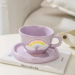 Creative Hand Pinched Ceramic Coffee Cup And Saucer Set Exquisite Porcelain Tea Mug For Daily Use With Handle Rainbow Pattern