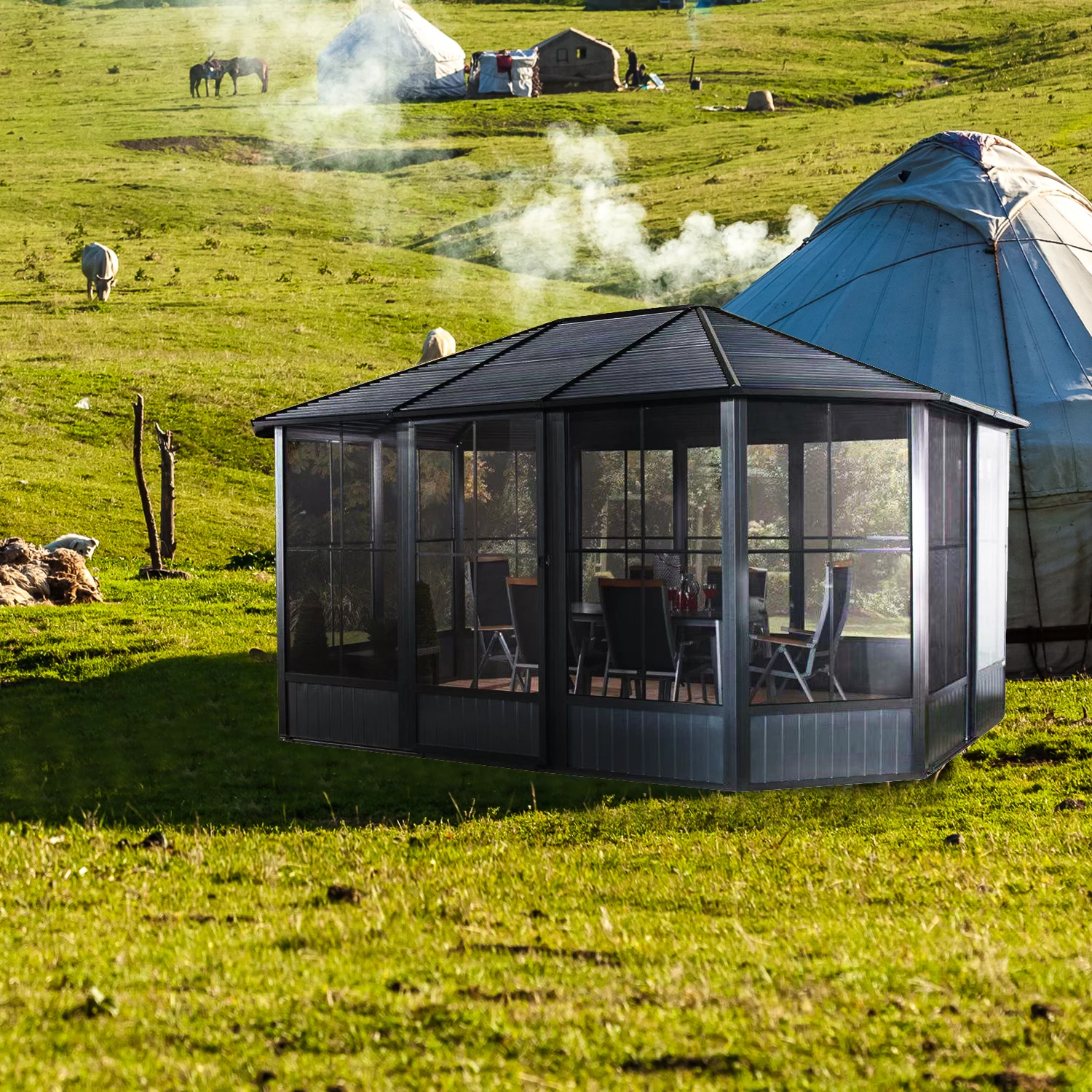 Hot sale outdoor large black 6m sun room aluminium shades hard top pavilion garden gazebos