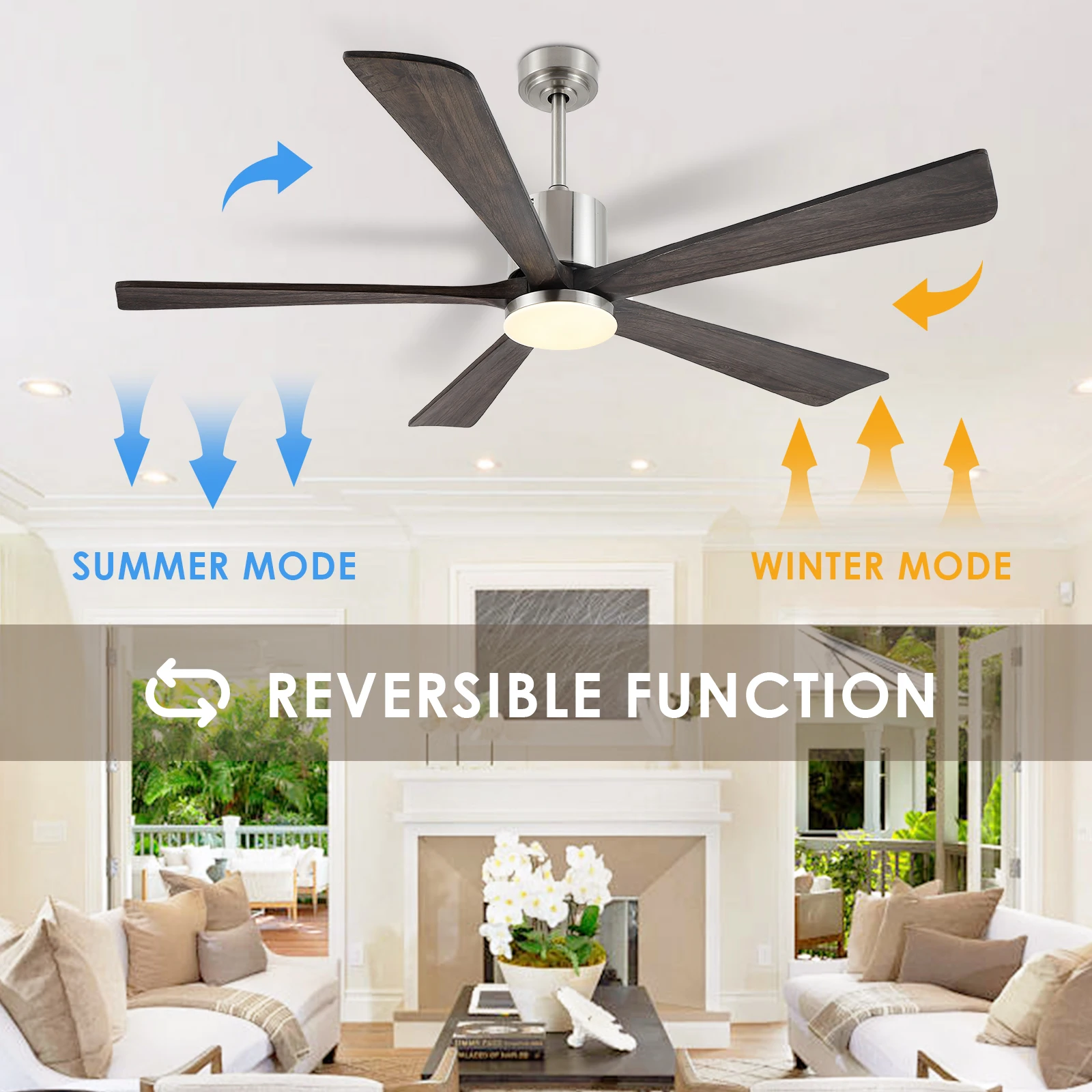 Factory Wholesale 5 Grey Wooden Blades Modern Inverter Dimmable Smart Ceiling Fan Dc Led Ceiling Fans With Light and Remote