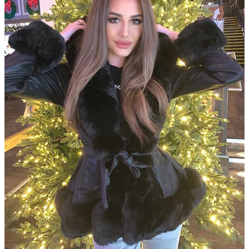 Patchwork High Imitation Leather Coats Women Fashion Hooded Faux Fox Fur Jackets Women Elegant Tie Belt Slim Coats Ladies