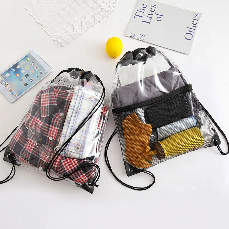 Wholesale Sports Storage Dirty Clothes Clear Drawstring Bags Travel Storage Waterproof Gym Beach Bag Pvc Drawstring Bag