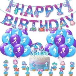Cartoon Mermaid Princess Ocean Underwater World Girl Birthday Party Decoration Kit Hanging Banner Balloon Cake Topper Set