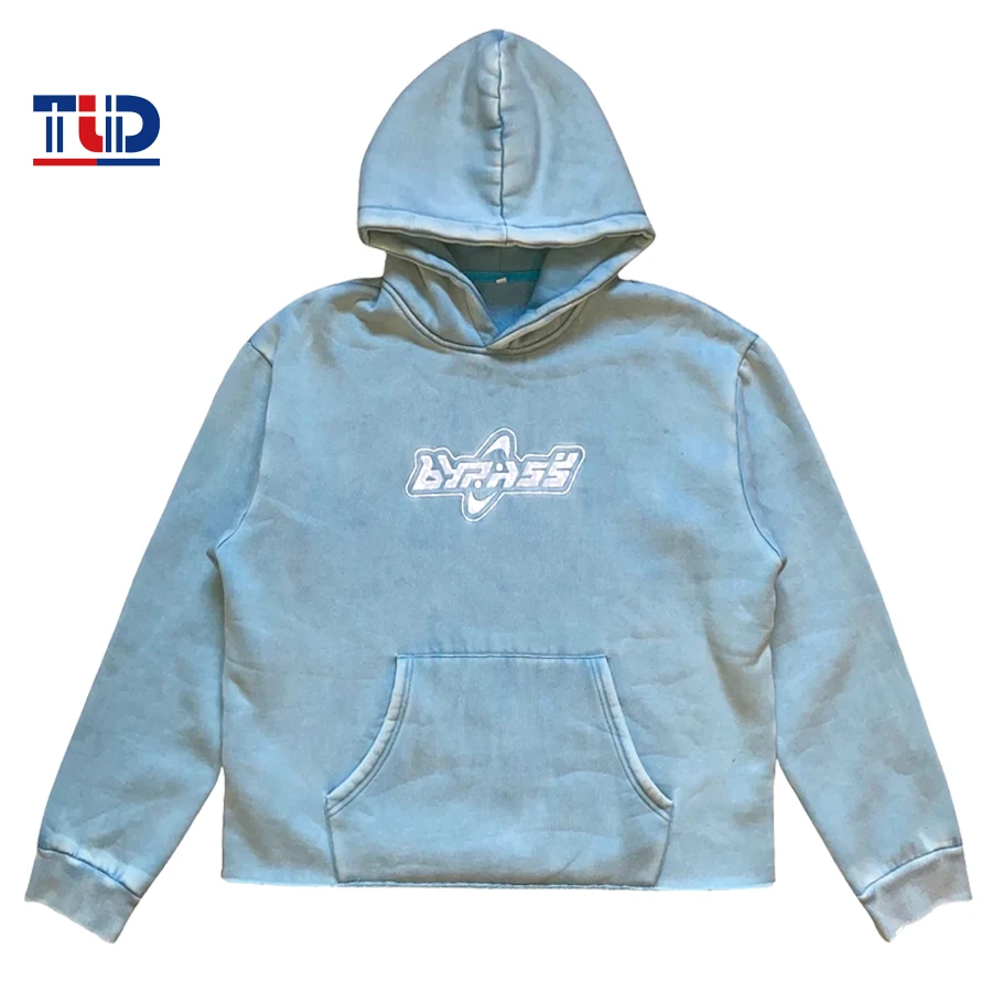Blue Streetwear Loose Vintage Washed Heavy Weight Cotton Embroidered Custom Hoodies Unisex Oversized Cropped Boxy Hoodie