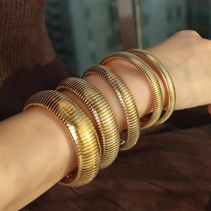 PDANY Vintage 18k Gold Plated Texture Elastic Bracelet Bangle Women Punk Stainless Steel Snake Bone Chain Stretch Bracelets