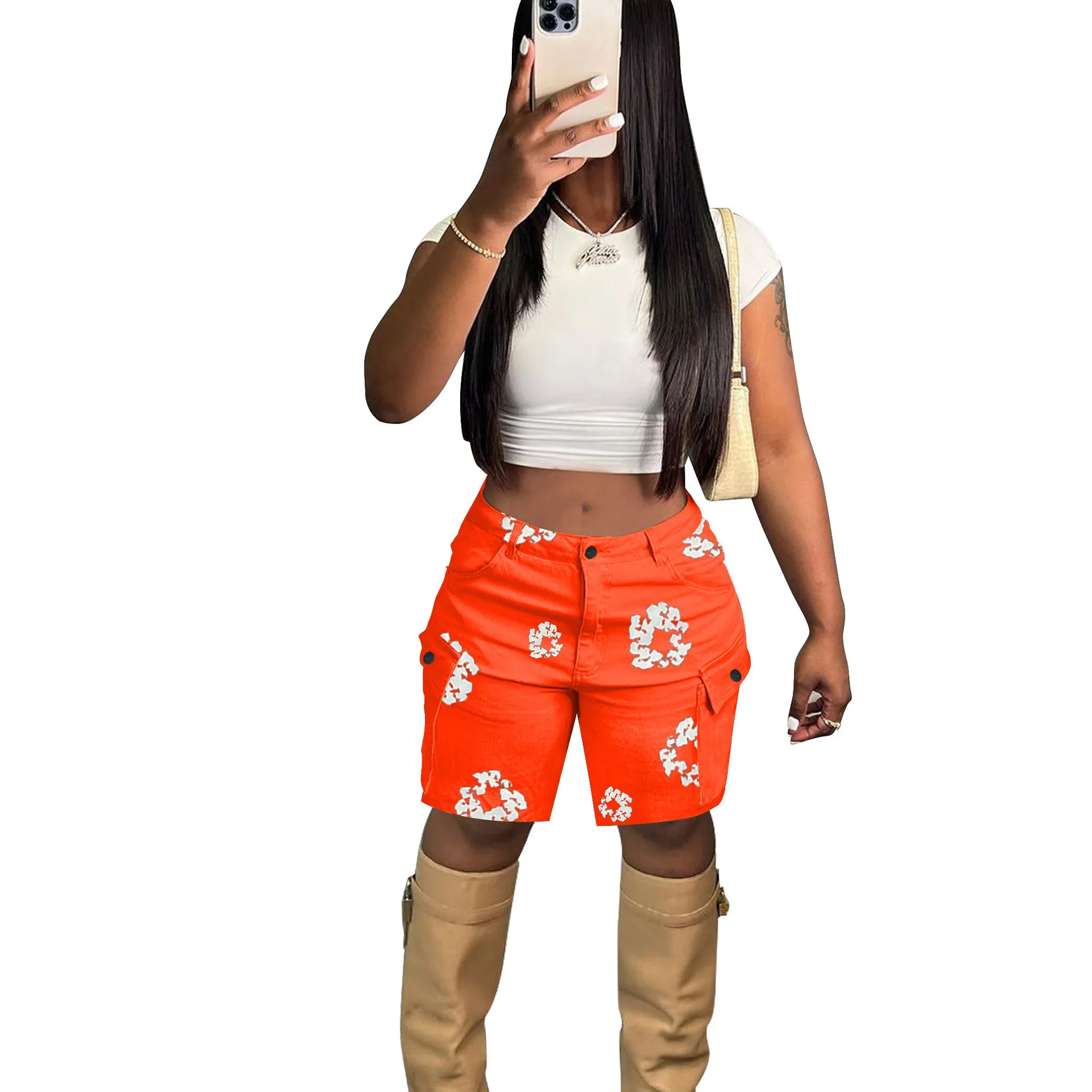 Summer Floral Print Cargo Jogger Shorts for Women Y2k Streetwear High-waisted Button and Zipper Closure Multi-pockets Bottoms