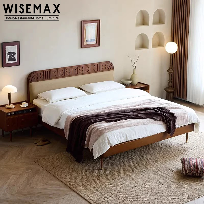 WISEMAX FURNITURE hotel apartment furniture solid wood bed frame modern bedroom wooden king size bed high bedhead bed frame