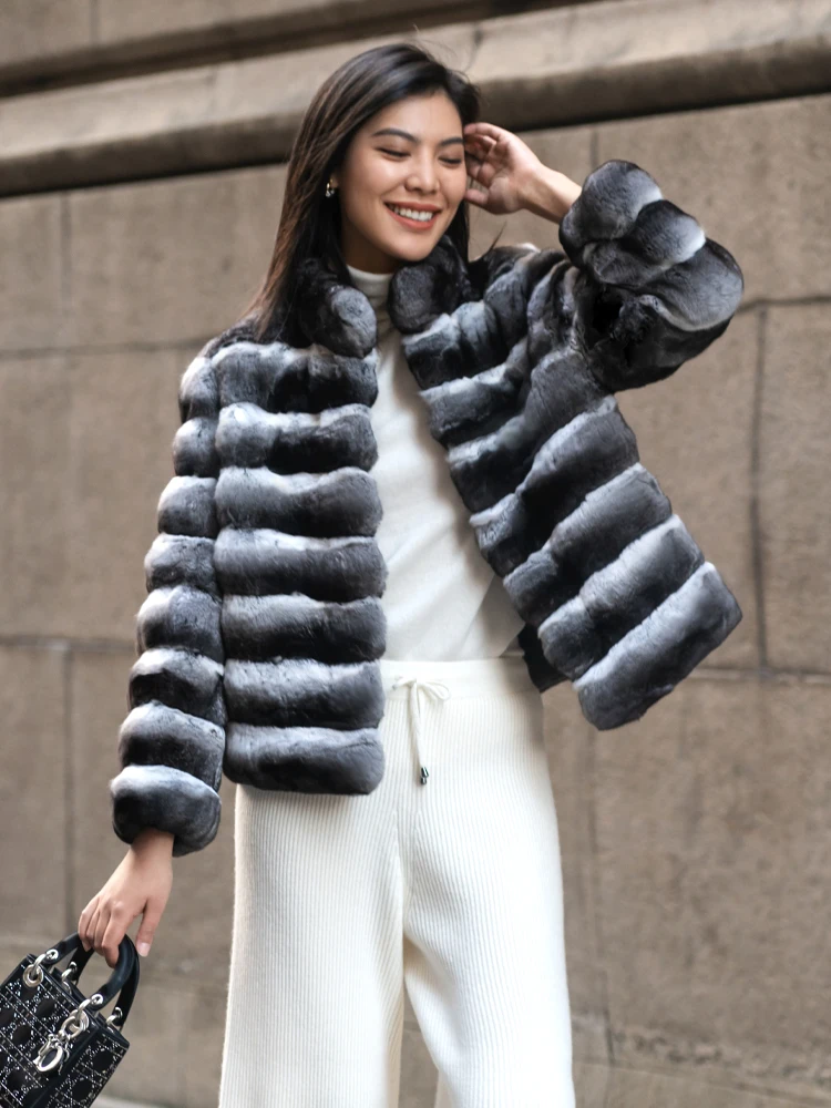 High Quality Fashion Luxury Natural Women Genuine Mink Fur Chinchilla Rabbit Fur Coat Stand Collar Winter Warm Fur Coat