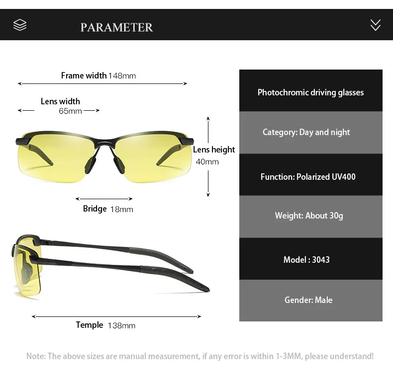 Lunettes photochromique en titane anti-glare polarized color change photochromic sun glasses sunglasses