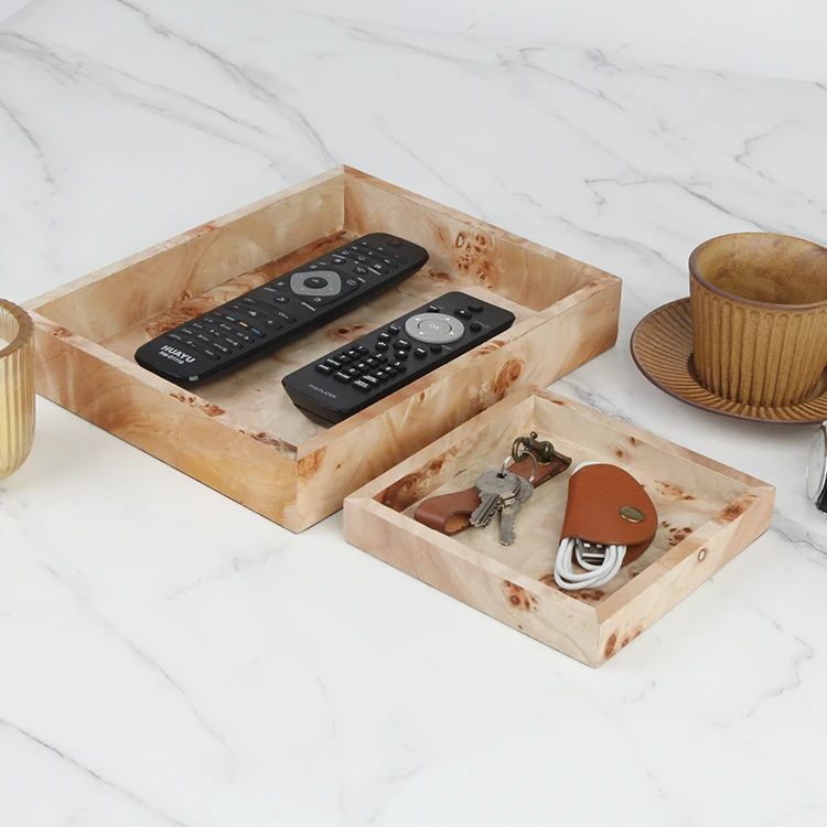 Decorative burlwood veneer covered trinket display tray large and small sizes remote controls ,keys , other things storage tray