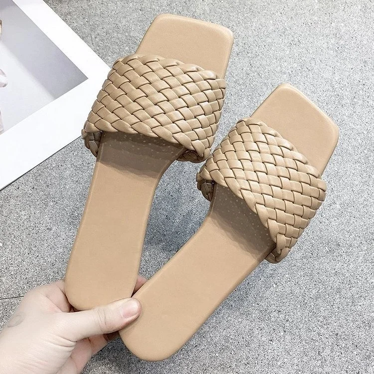 Ladies Elegant Casual Pu Leather Slippers Shoes Girl Square Toe Summer Flat Sandals