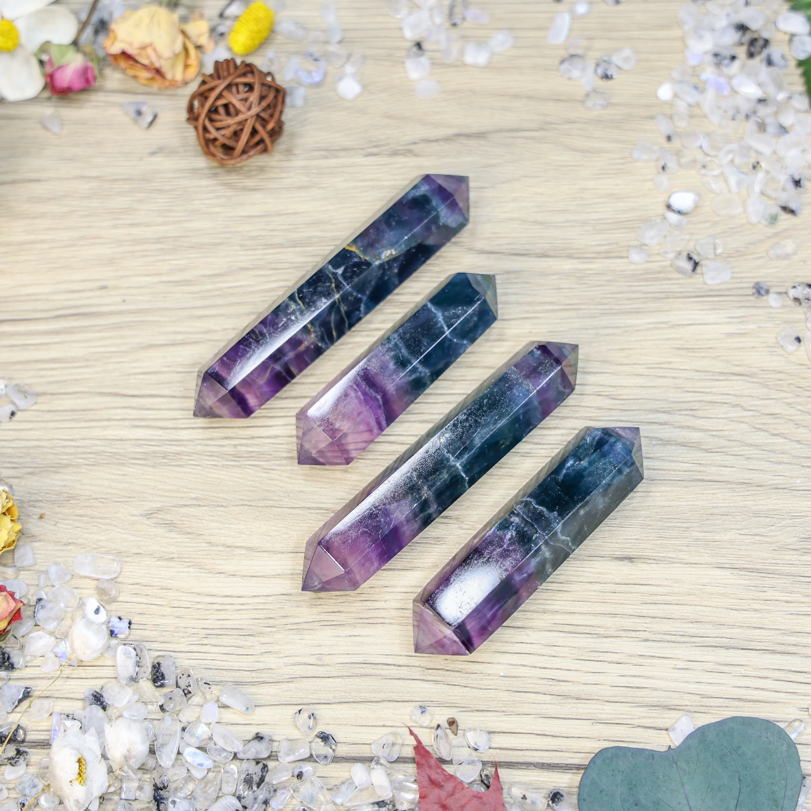 Wholesale Natural Custom tower Gem Crystals point wand magic Hexagonal prism rainbow fluorite DT point Healing stone