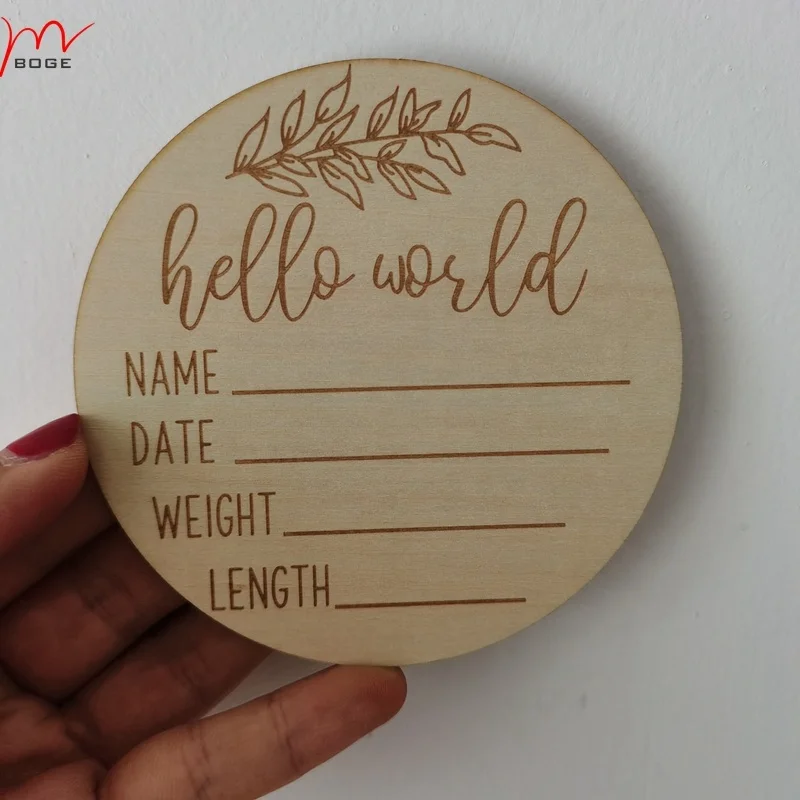 Hello World Birth Announcement Sign Modern Wood Engraved Round Plaque Baby Milestones Card