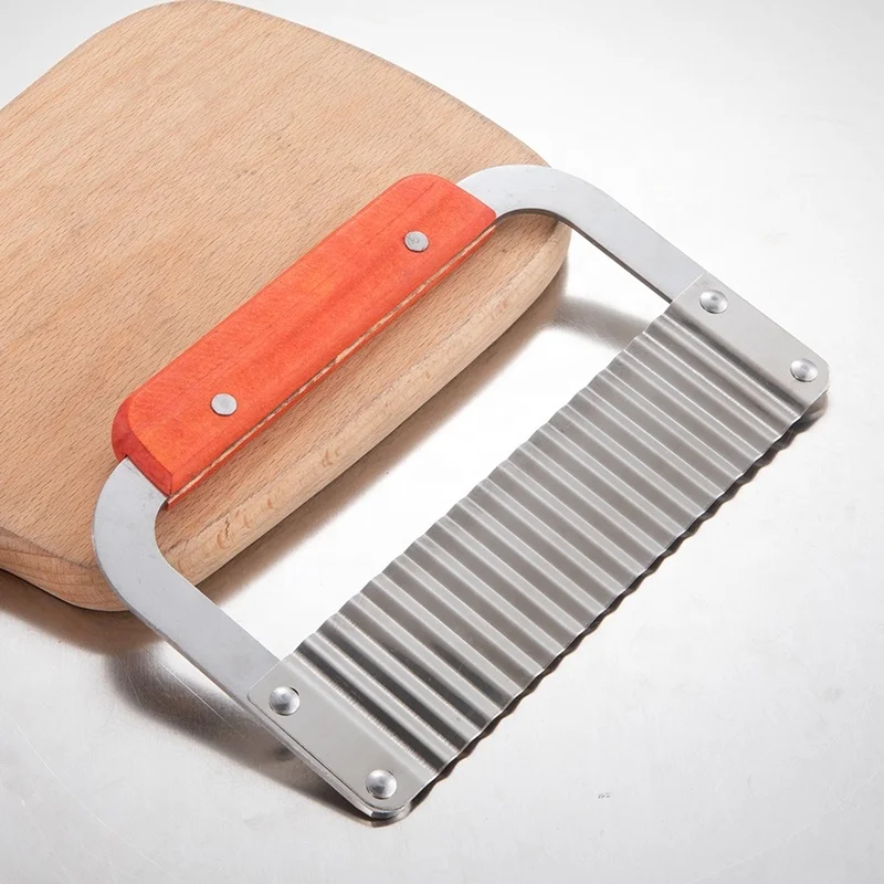 French Fry Slicer Stainless Steel Blade Wooden Handle Vegetable Salad Chopping Knife