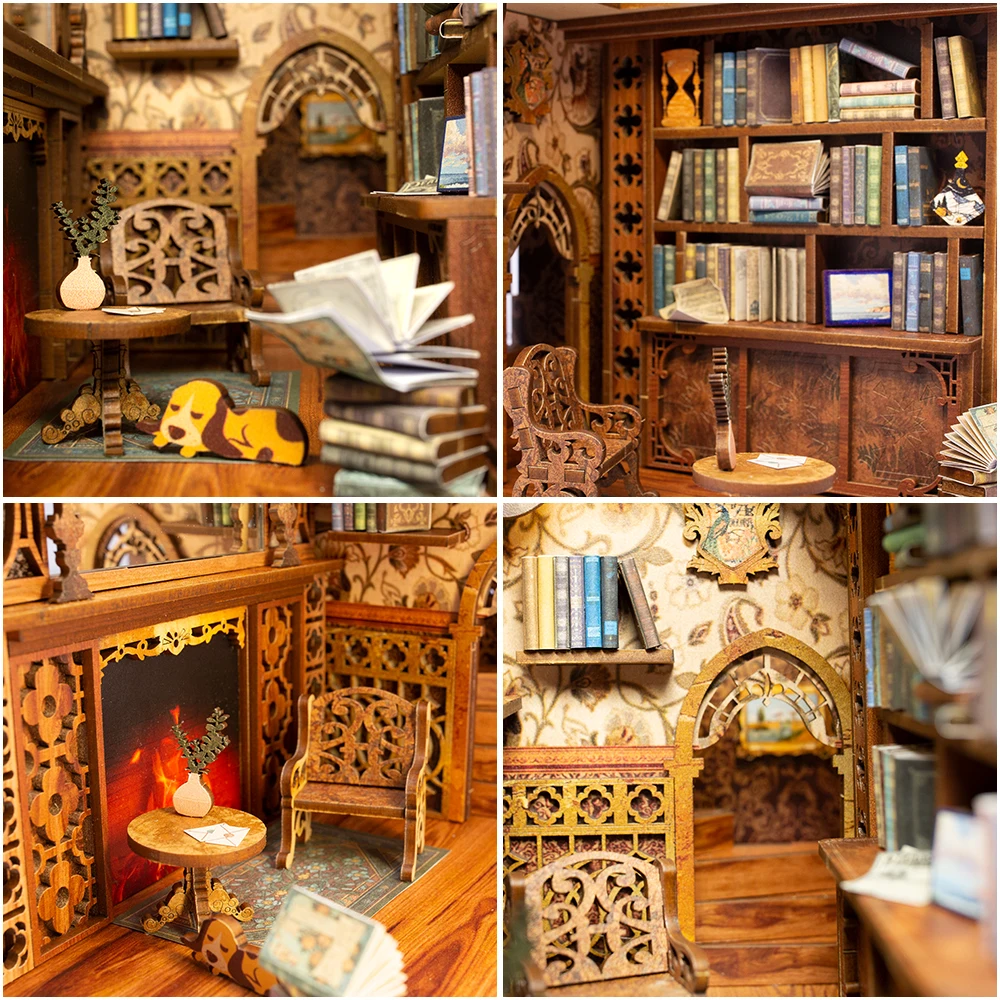 CuteBee 3D Wooden Puzzle Eternal Bookstore Handmade Craft Dollhouse with Light Building Model Toys Book Nook Kit