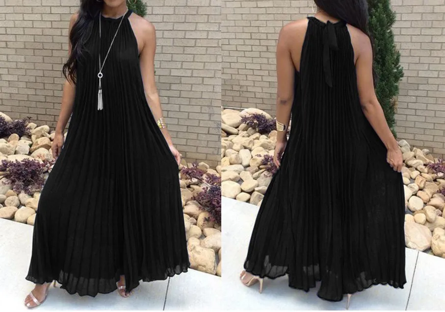 2019 summer women halter long dress sleeveless chiffon dress Pleated maxi dress