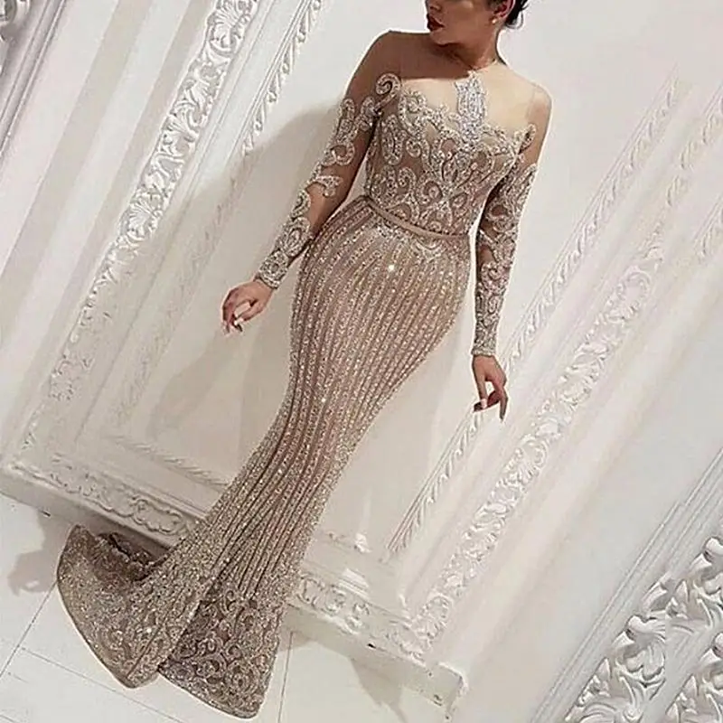 Elegant Bronzing Long Sleeve Floor Length  Womens Dresses Formal Sequins Women Evening Gown Dresses