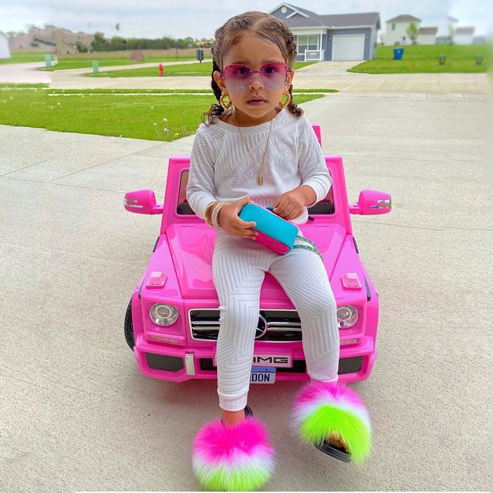 Wholesale toddler fur slides with strap multi color  infant fur slides rainbow  little girl fur slides