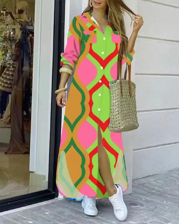 High-density real velvet digital printing long-sleeved shirt H-shaped dress with belt long sleeve dress shirts