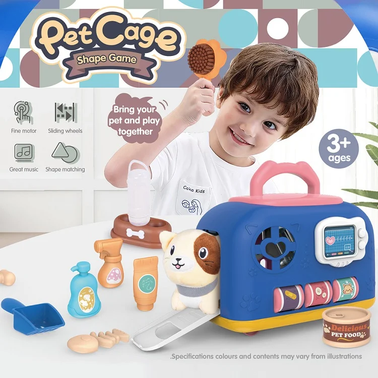 Hot Selling 17PCS Pet Cat Cage House Children Toy Other Pretend Play IC Music Lighting Pet Care Cage Play Set With Sliding Case