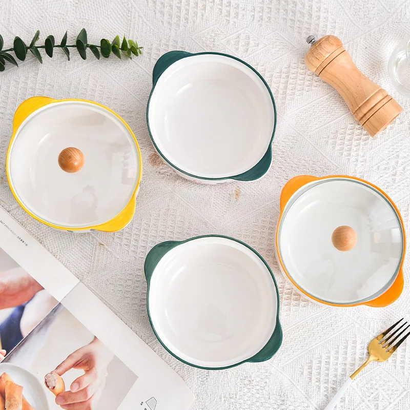 Japanese cartoon ceramic bowl household small instant noodle bowl simple personality with cover soup double ears soup pot