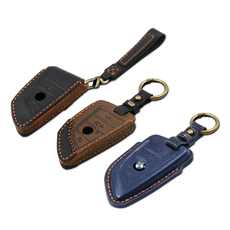 Car Key Case Genuine Leather Protector with Keychain Smart Remote key Fob Cover Case Key Holder for BMW