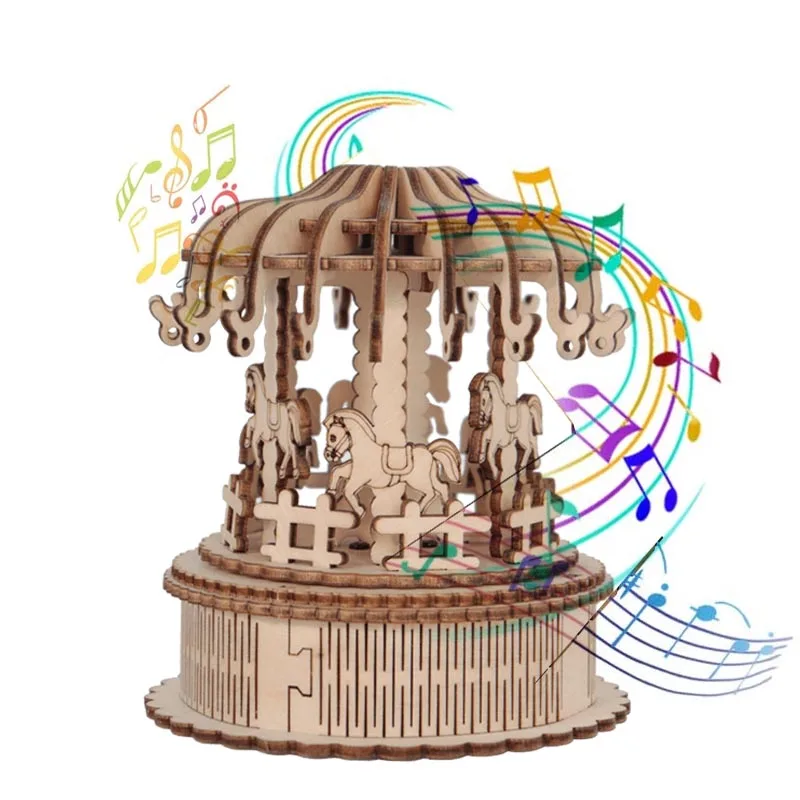Beaverlab Home Decoration DIY Puzzle Assemble Toys Handheld Wooden Carousel Horse Music Box for Kids