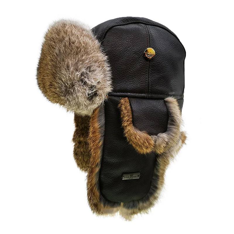A232 FUR WINTER Vintage Bull Leather Rabbit Fur Aviator Bomber Trapper Trooper Ski Hat