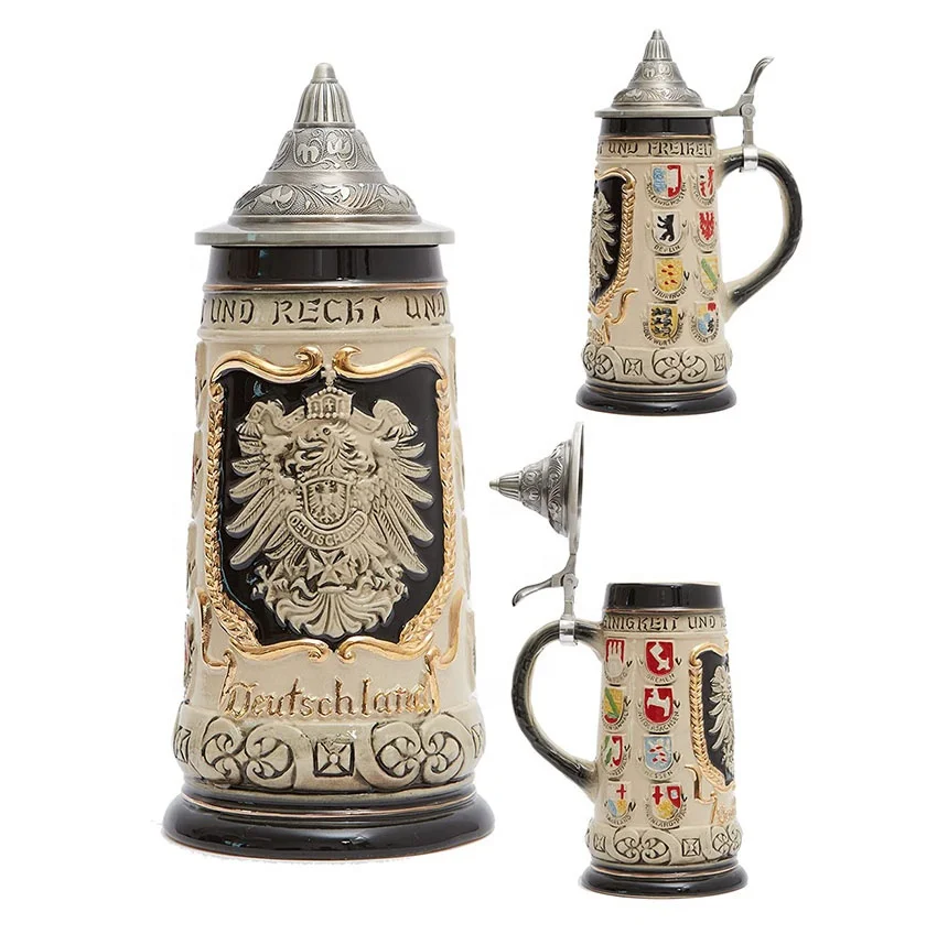 Beer Stein German Coats of Arms Beer Mug with Petwer Lid Drinking Tankard 0.8 Liter