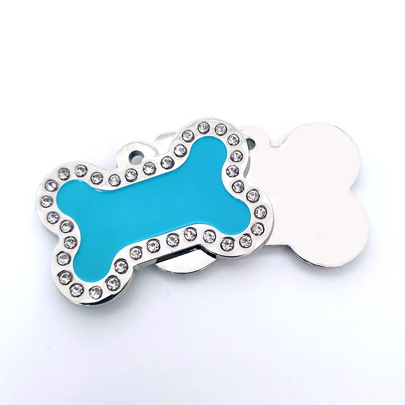 personalised bone crystal pet name tags blue enamel dog tag